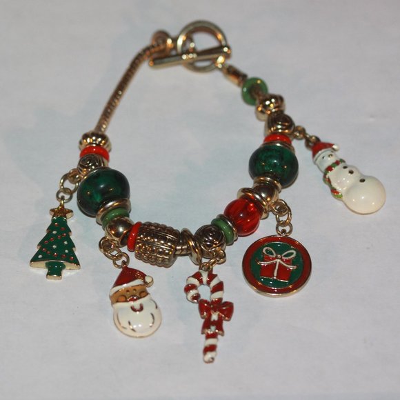 Christmas Toggle Silver Tone Dangle Charm Bracelet  Tree, snowman, present - Picture 1 of 4